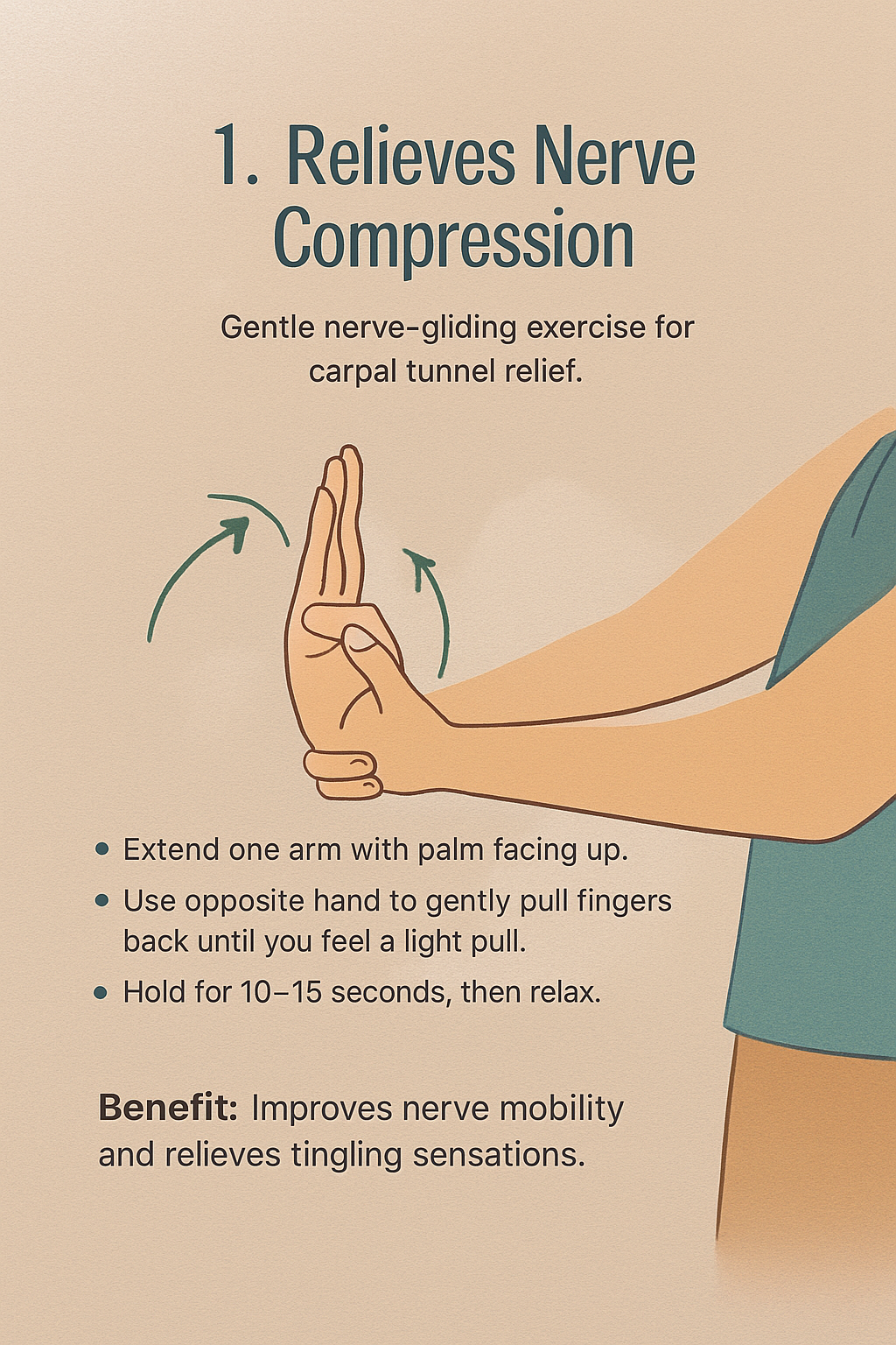 hand exercise for carpal tunnel relief: extending arm, pulling fingers back. Text: