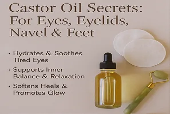 Castor oil bottle, cotton pads, and jade roller with text: 