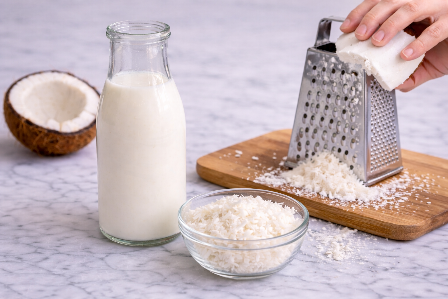 Glass bottle of coconut milk with shredded coconut on a marble surface, natural dairy-free ingredient for a healthy mocktail