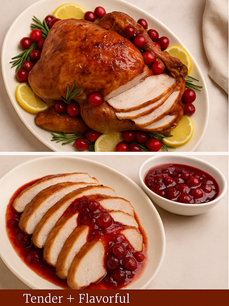 Roasted turkey garnished with cranberries, lemons, and rosemary. Sliced turkey with cranberry sauce.