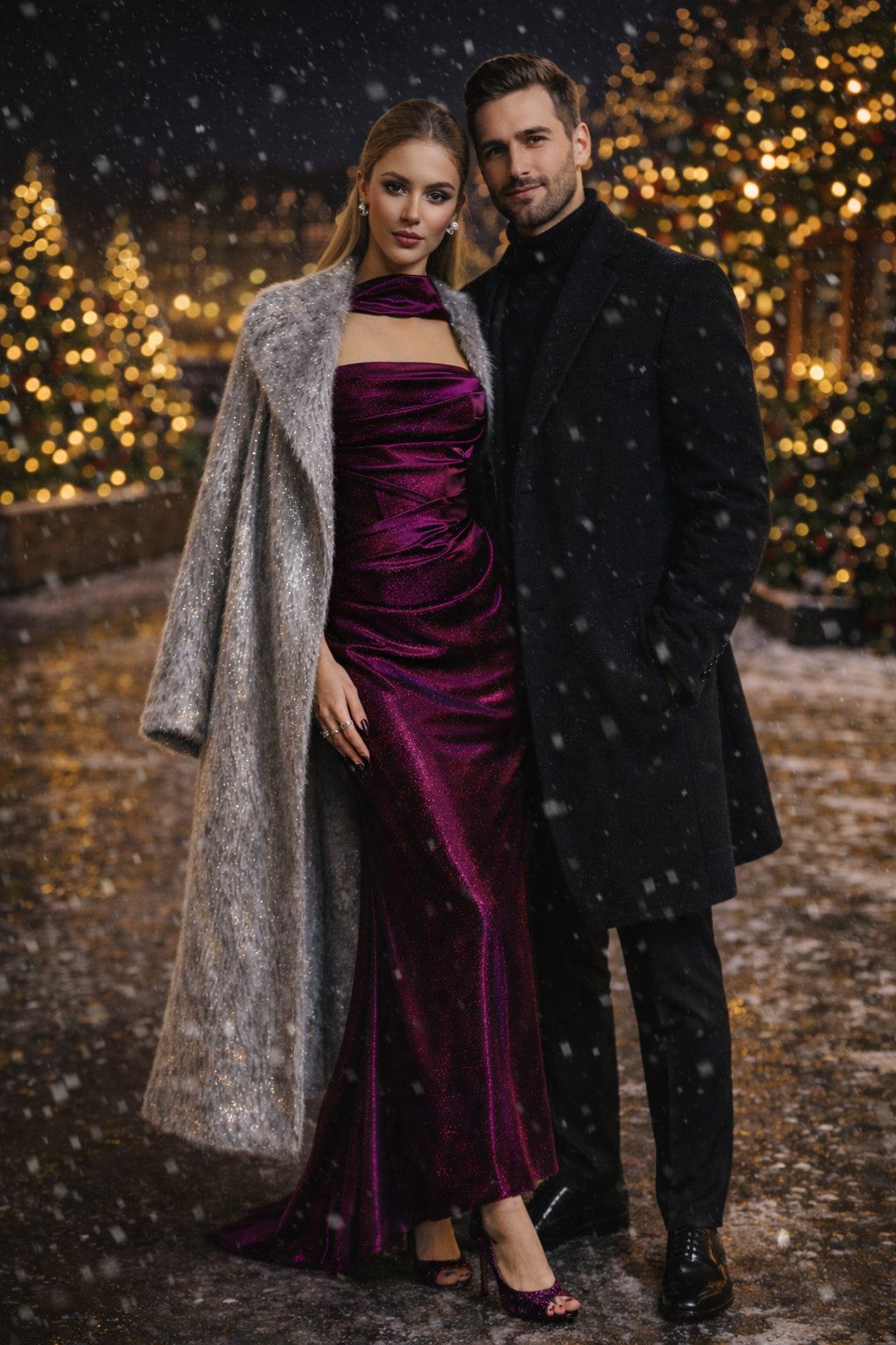 A couple in formal wear poses outdoors in a snowy setting with Christmas trees.