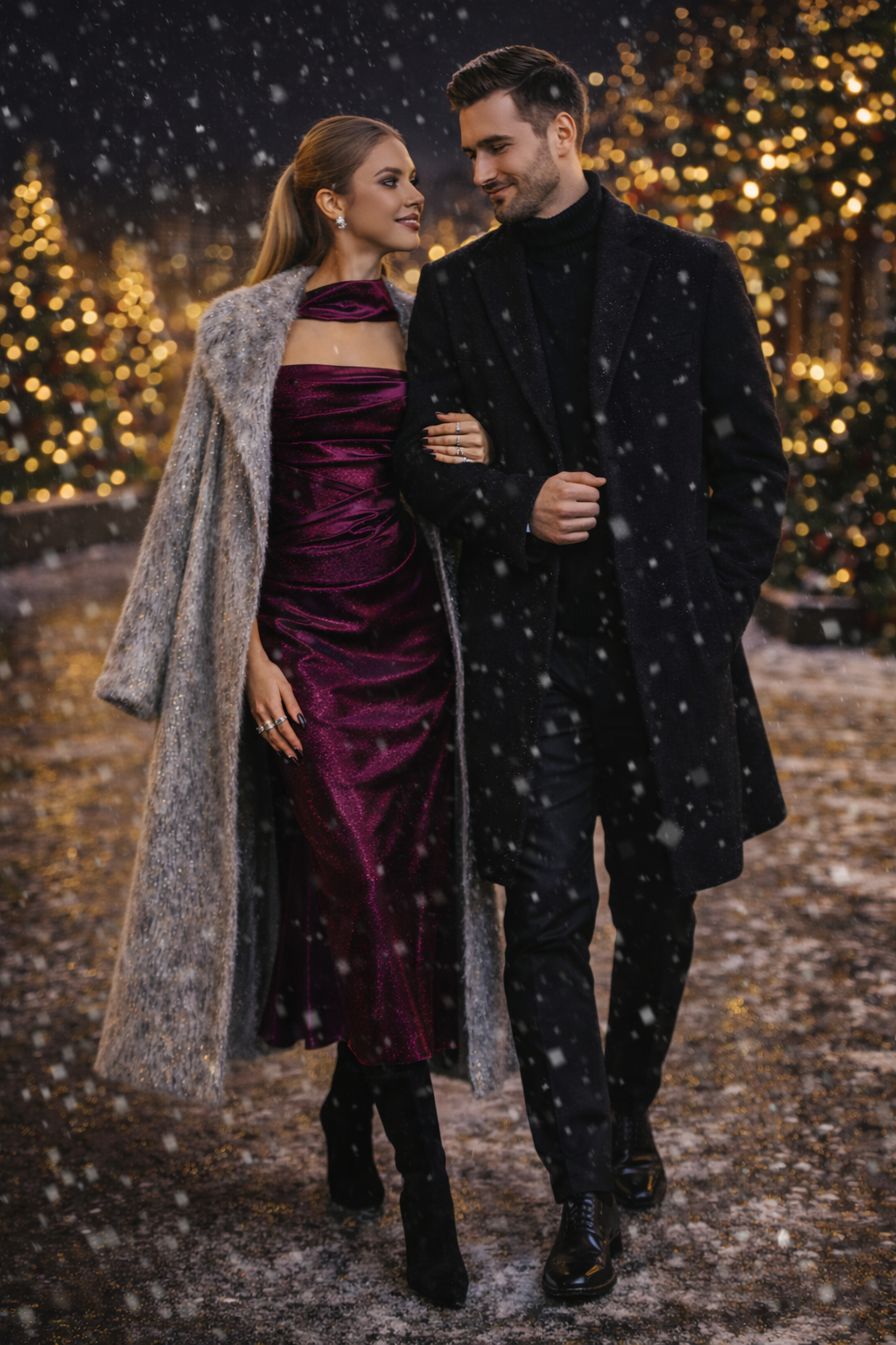 Couple walking arm-in-arm in the snow; she in a red dress and coat, he in a black coat, smiling. Lights in background.