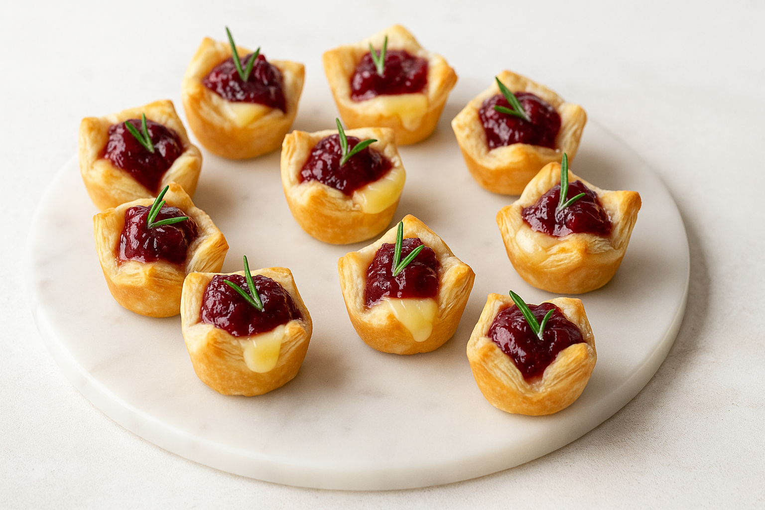 cranberry brie puff pastry bites on a marble plate, topped with cranberry sauce and rosemary