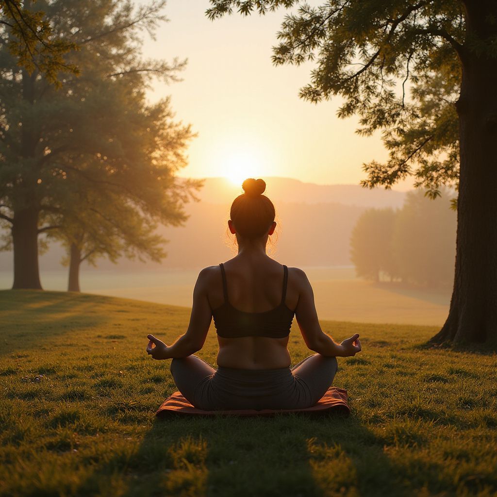 Woman meditating outdoors at sunrise, seated on a mat in a park.