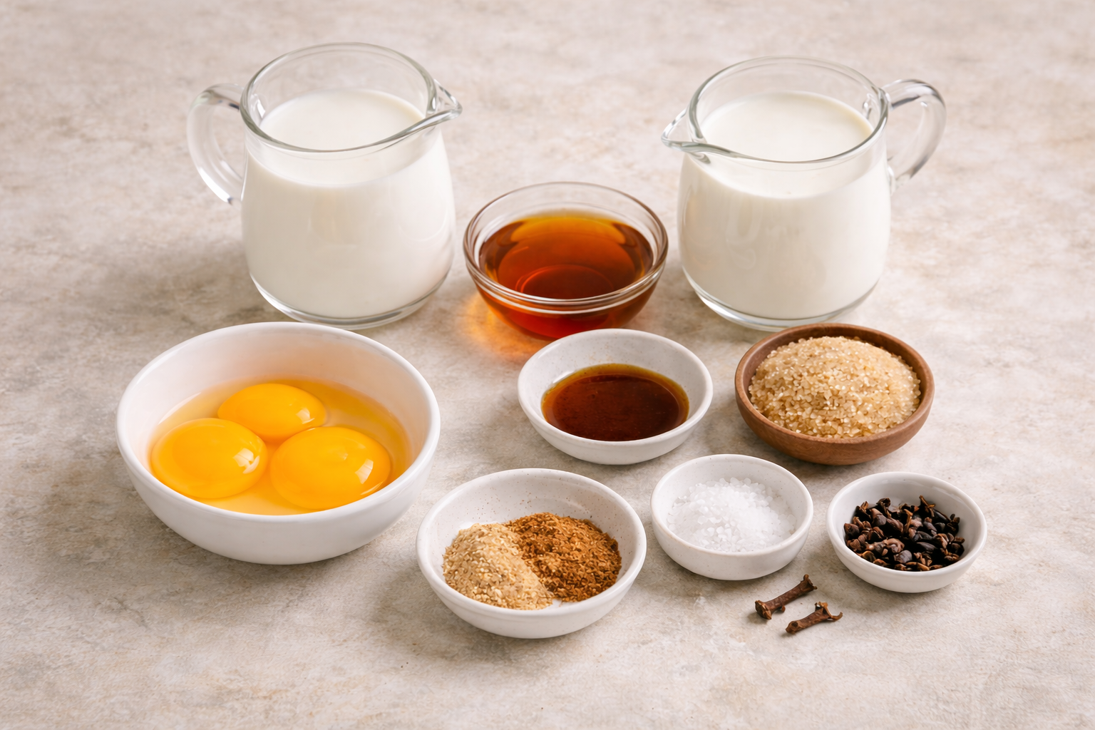 homemade non-alcoholic Christmas eggnog including milk, cream, egg yolks, maple syrup, vanilla, cinnamon, nutmeg, cloves, and sea salt. 