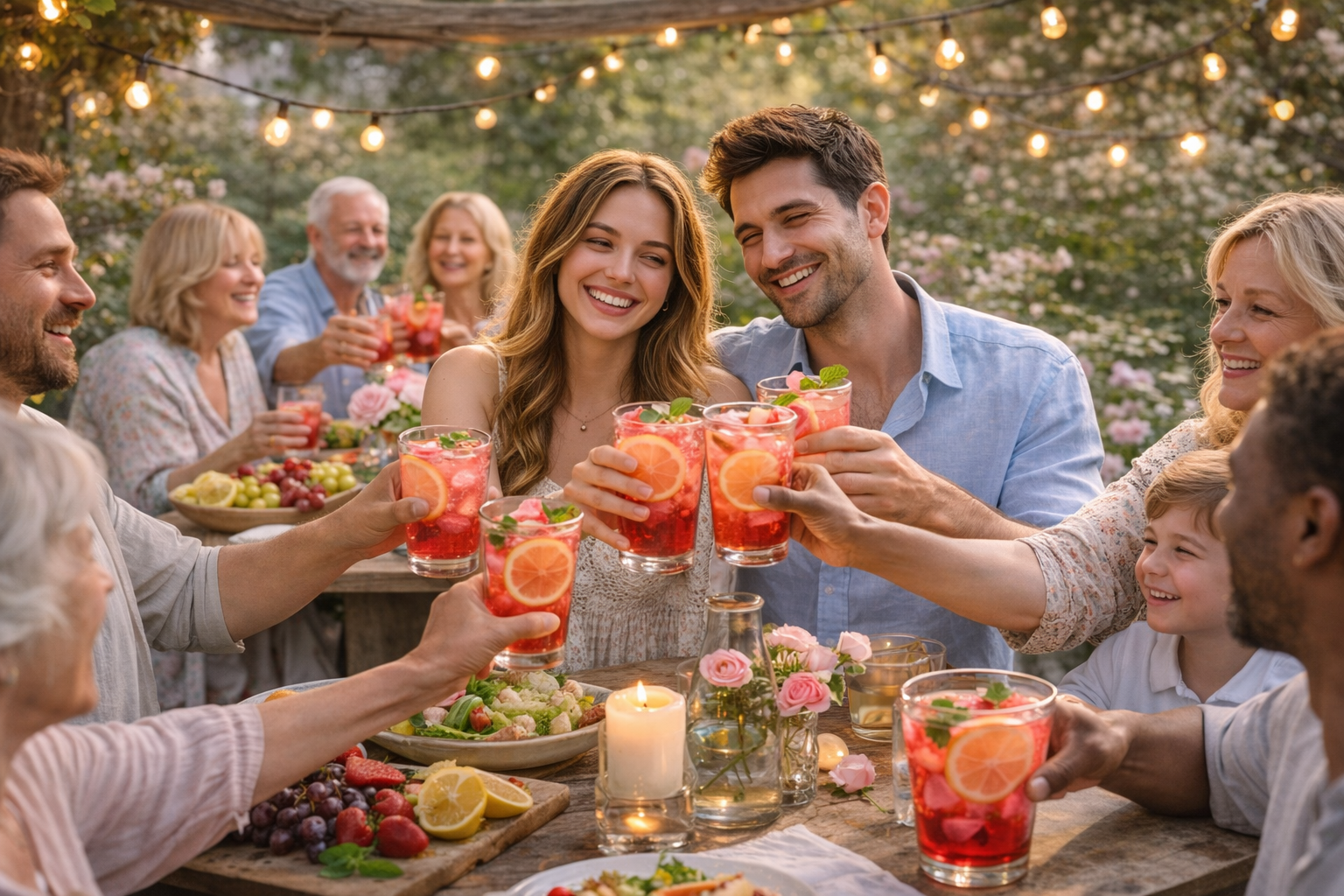 Family and friends enjoying hibiscus rose lemonade at a festive outdoor gathering, raising glasses together in a joyful celebration.