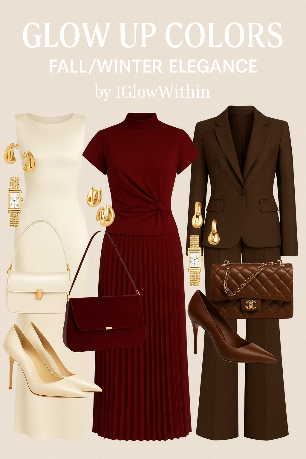 Fall/Winter fashion color scheme. Three outfits in cream, maroon, and brown.