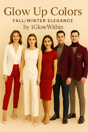 Group of five people in fall/winter outfits: red, white, maroon, and brown.