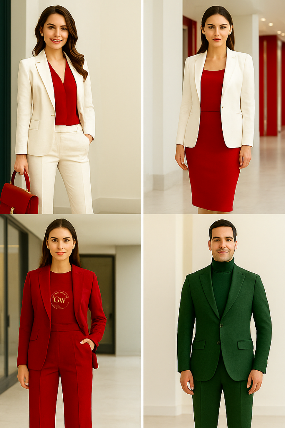 Four people in business attire. White blazers with red clothing, and a green suit.