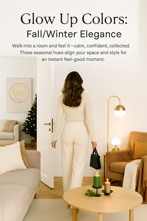 Woman in cream outfit walks towards a room with neutral-toned decor, text overlayed