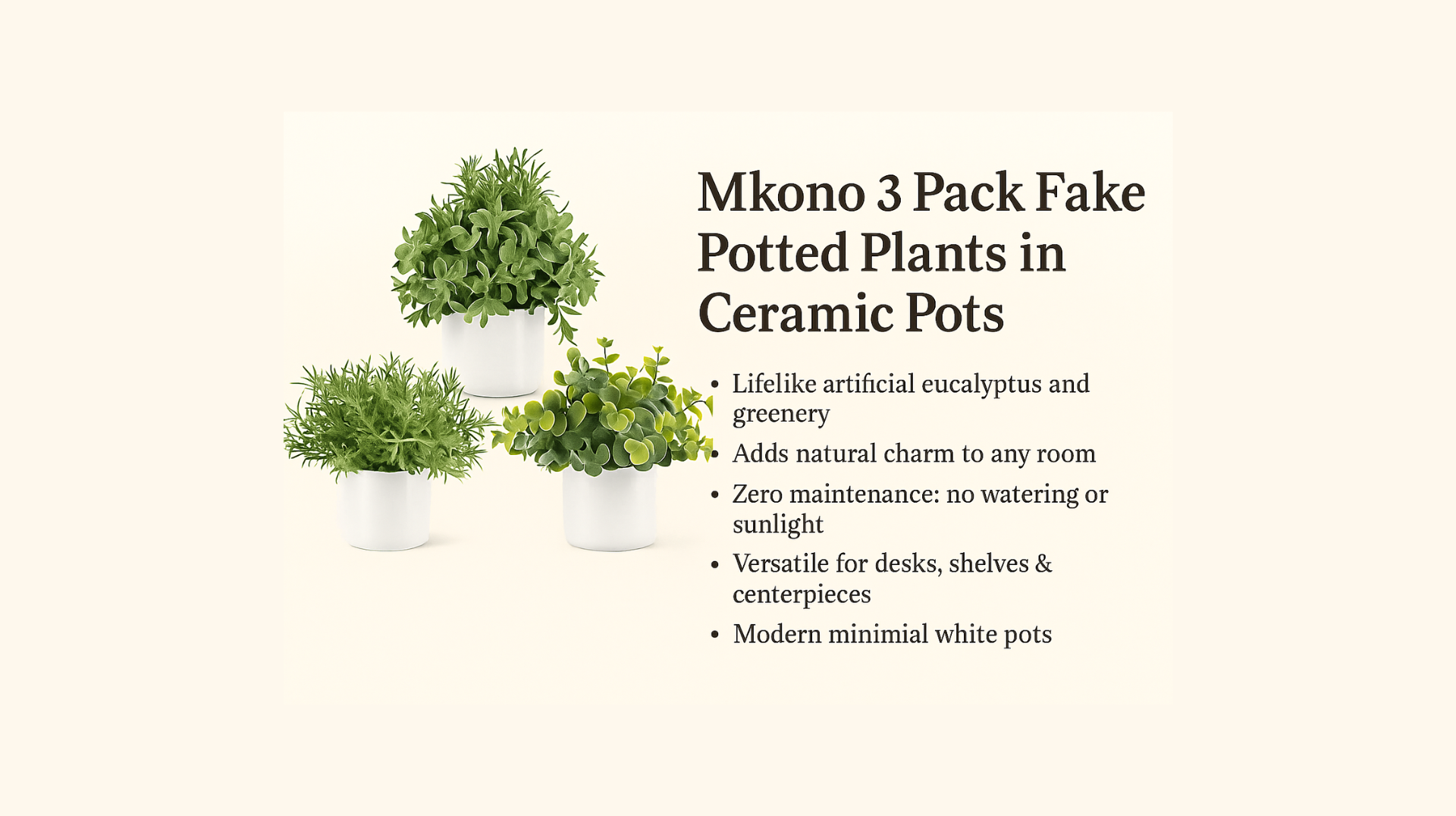 Faux plant in ceramic pot adds biophilic calm and greenery to modern decor.