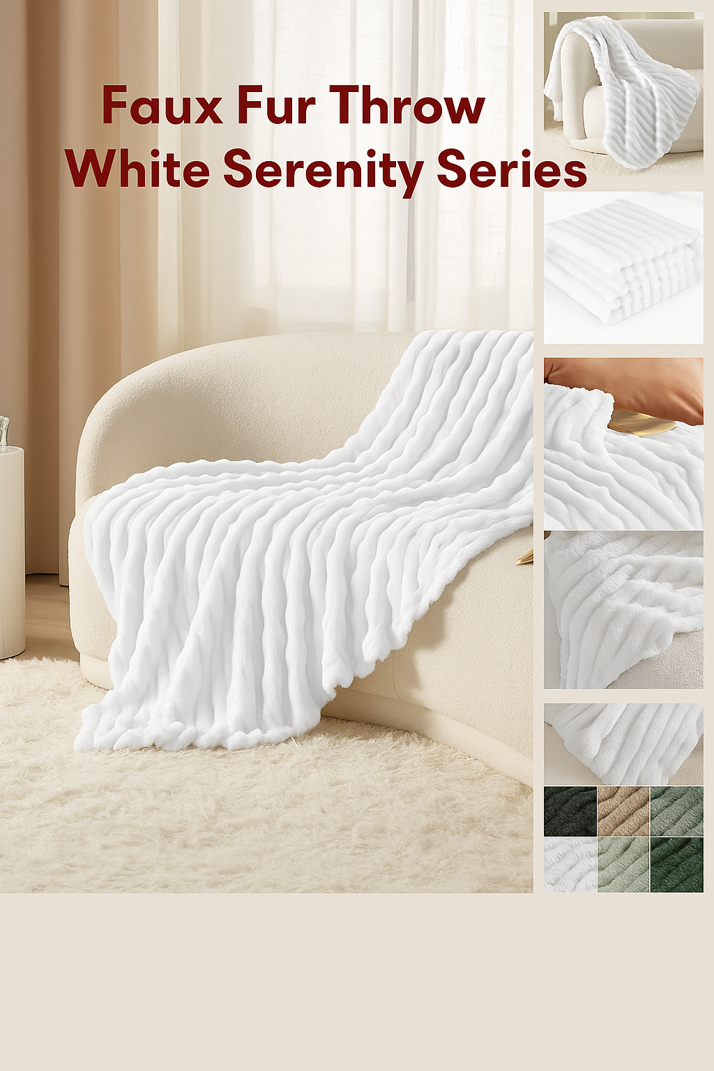 Ivory faux fur throw adds softness and calm to winter neutral decor.