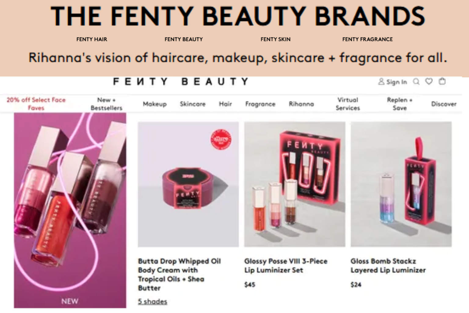 Fenty Beauty brands advertisement. Showing makeup and skincare products.