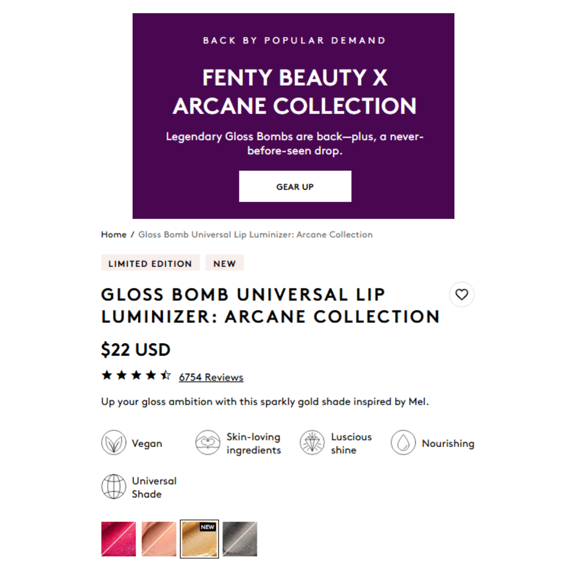 Fenty Beauty lip gloss, gold color, $22,