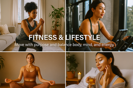 Fitness and lifestyle scenes: woman squats, rides exercise bike, meditates, and enjoys tea.