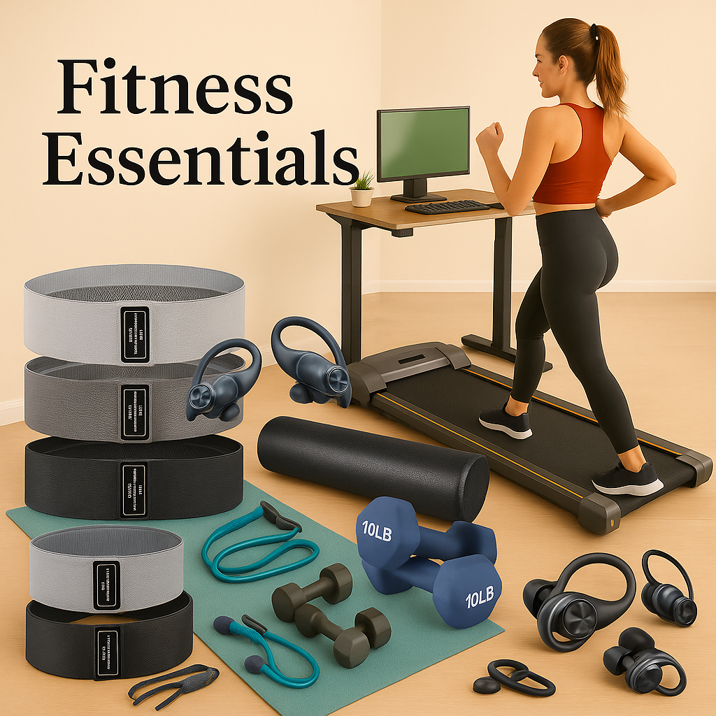 fitness essentials dumbbells, resistance bands, foam roller, sliders, and wireless sports earbuds