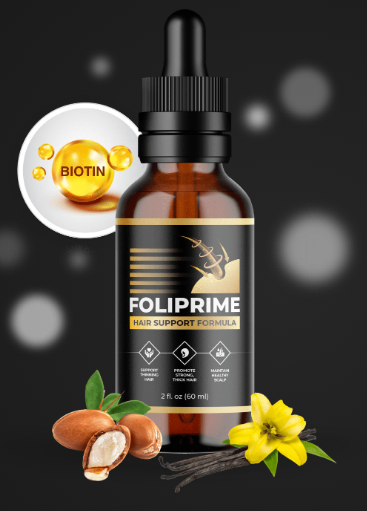Bottle of FOLI PRIME hair serum with biotin, argan nuts, vanilla, and flower against a dark background.