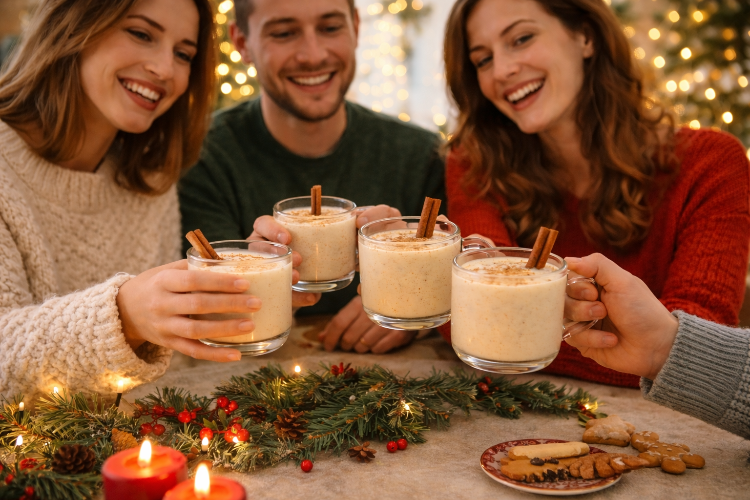 friends enjoying creamy non-alcoholic Christmas eggnog in glass mugs, styled with cozy winter decor and warm lights.