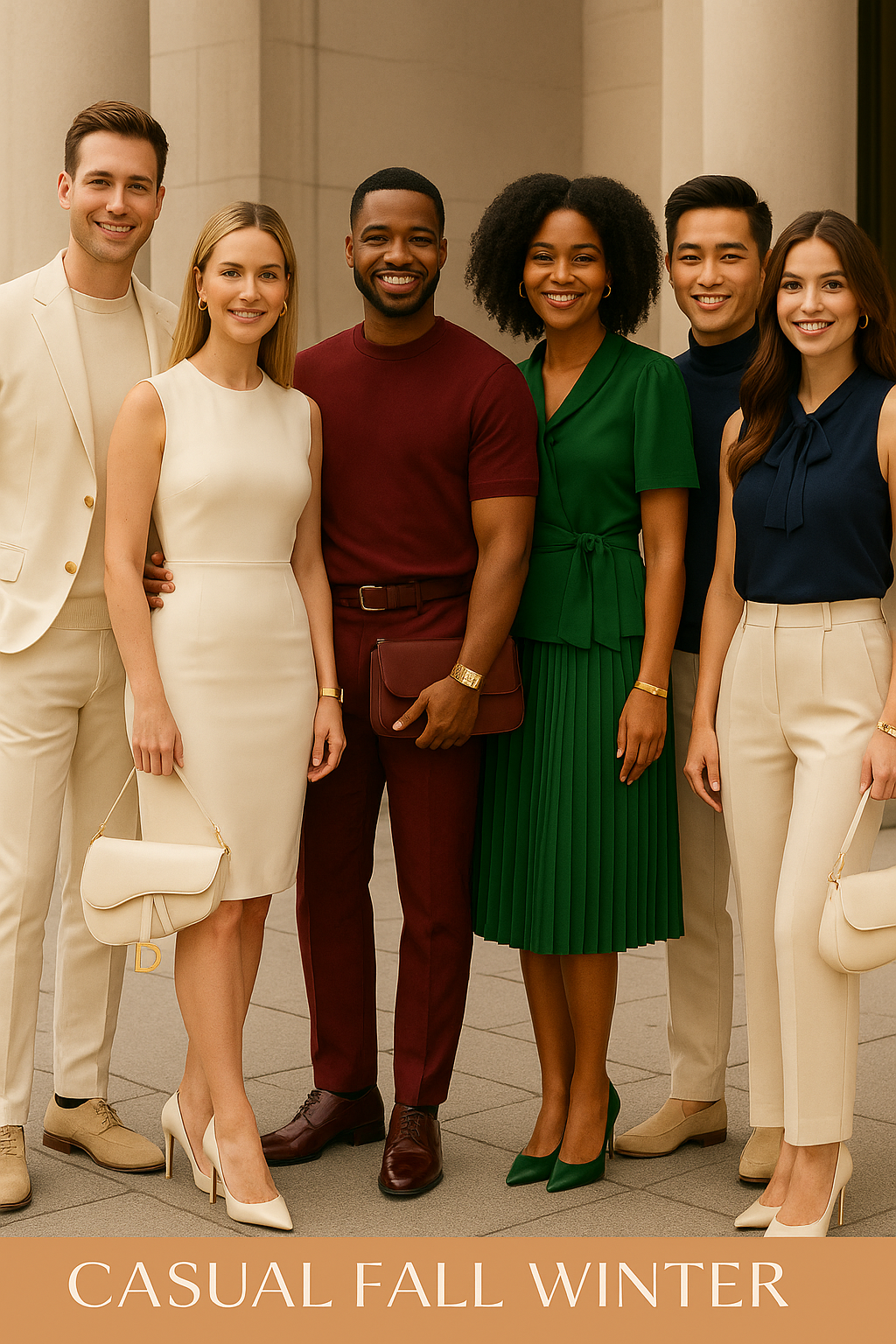 Group of people in business casual attire posing outside; beige, red, and green outfits.