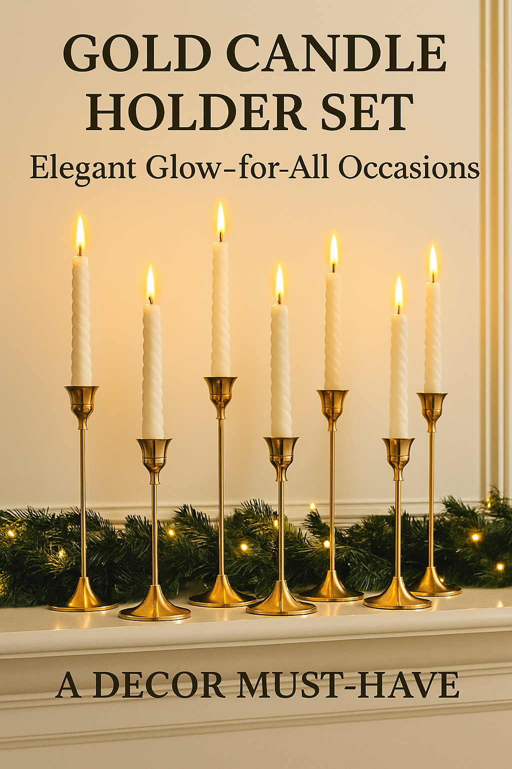 Gold candle holder set with lit candles on a mantel with garland.