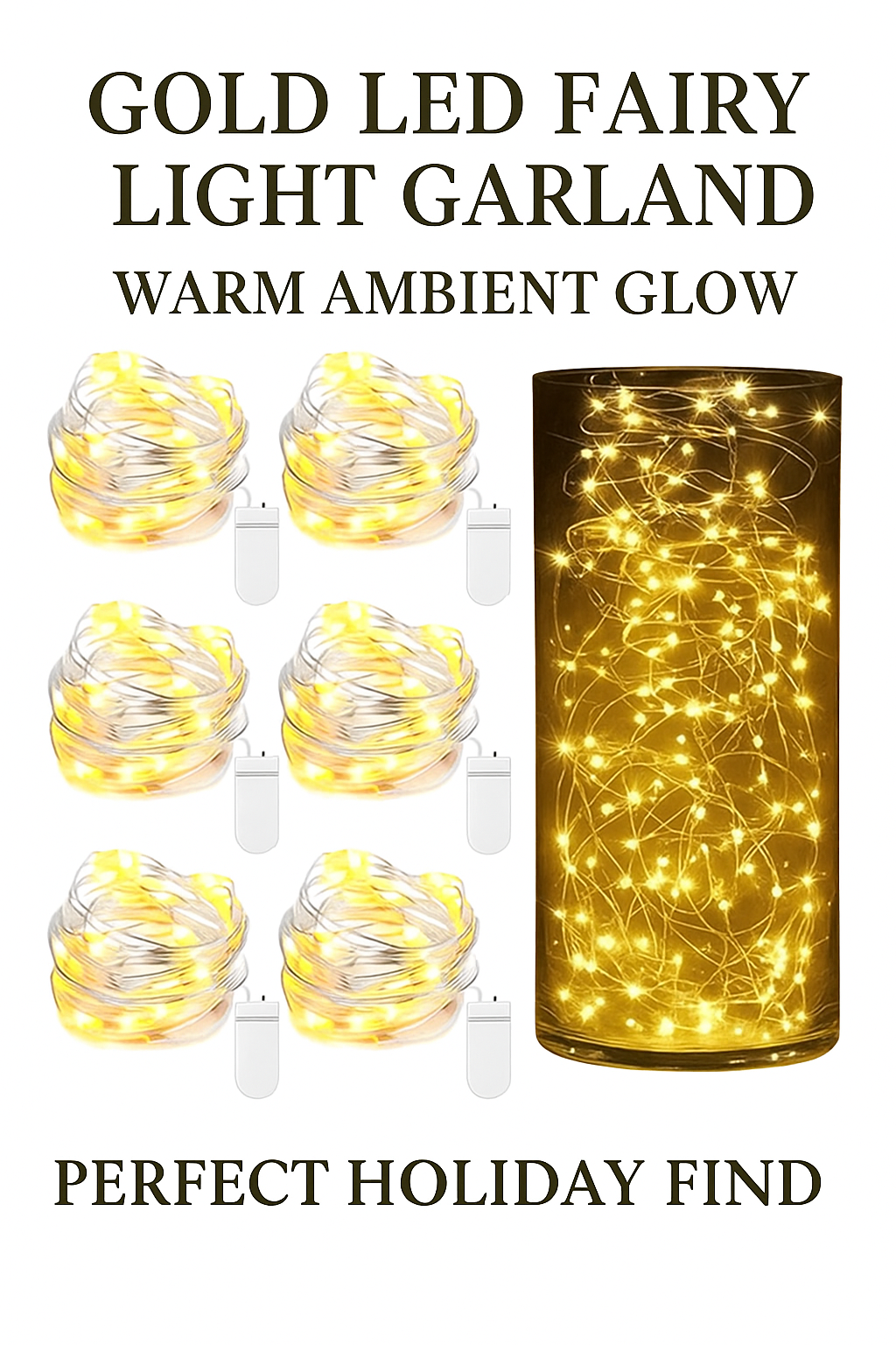 Gold LED fairy light garland, warm ambient glow. Eight sets of lights, one lit in a vase. Perfect holiday find.