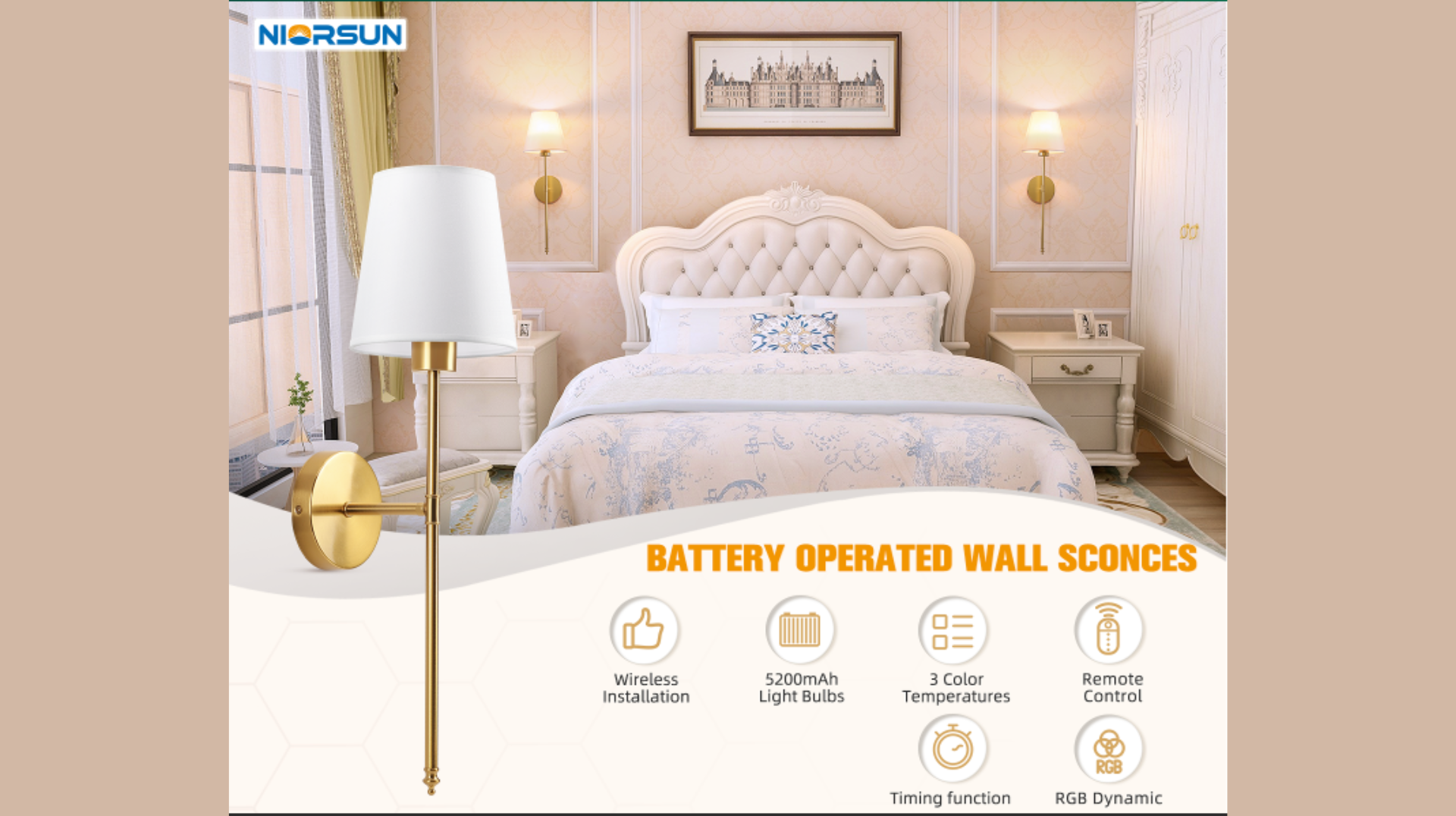 Rechargeable gold wall sconce adds warm modern lighting to Glow Up Spaces.