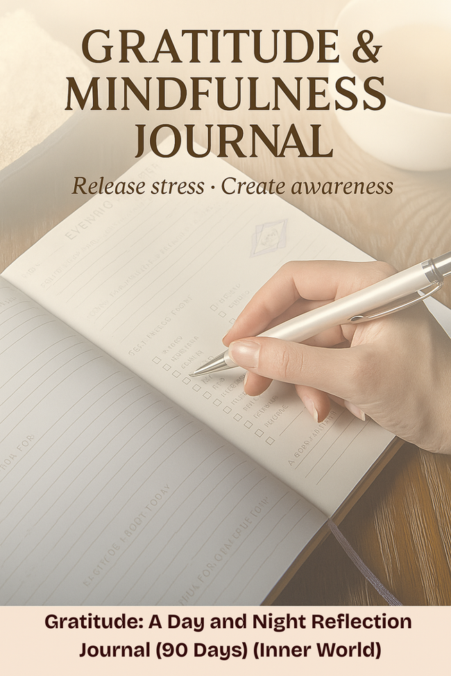 Gratitude and mindfulness journal cover: hand writing in open notebook, with text 