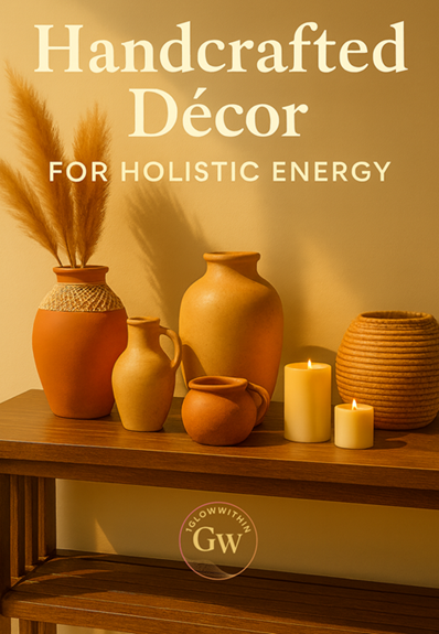 Wooden table with handcrafted décor: vases, candles, and pampas grass against a warm, neutral wall.