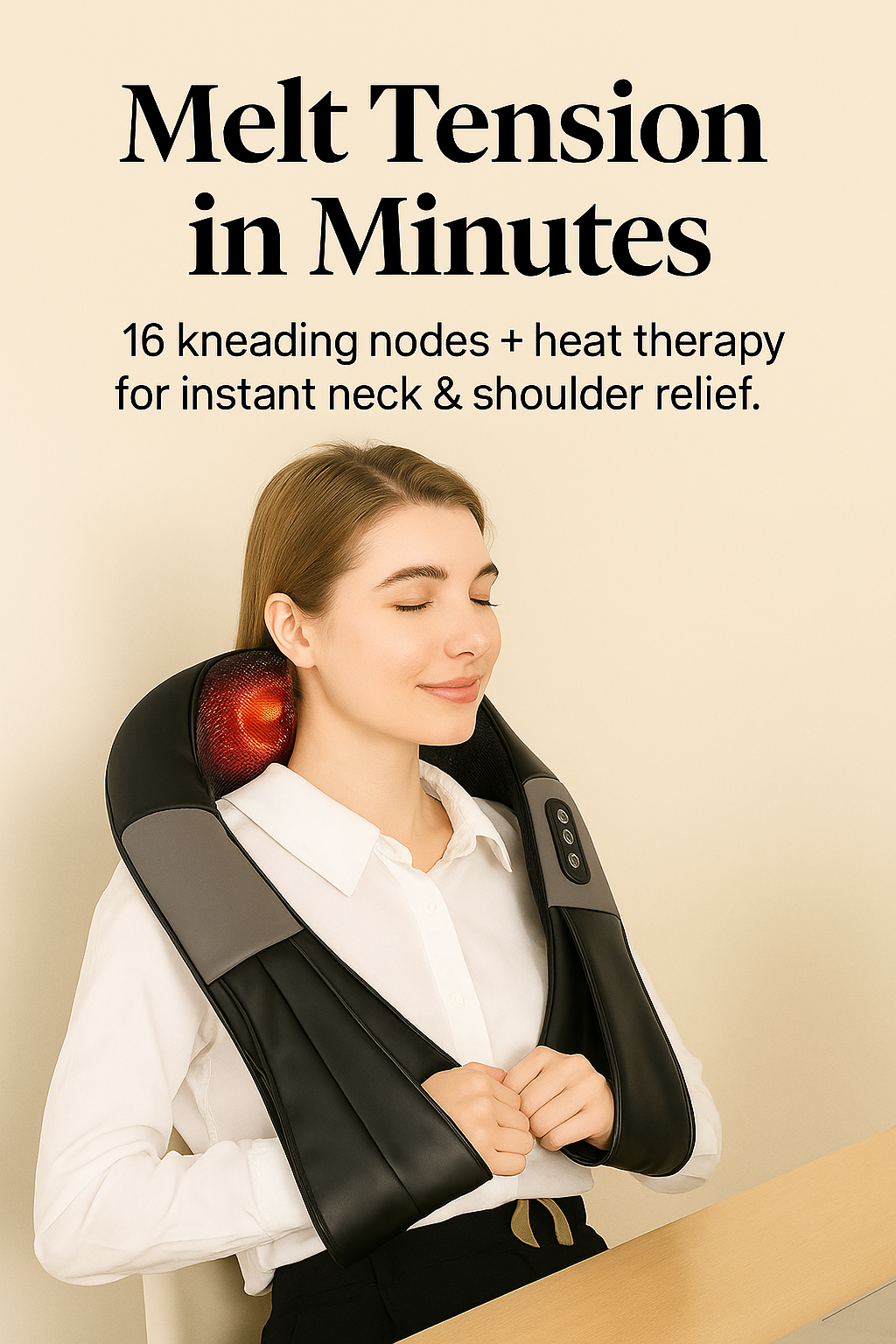 Woman using a neck massager with kneading nodes and heat therapy for neck and shoulder relief.