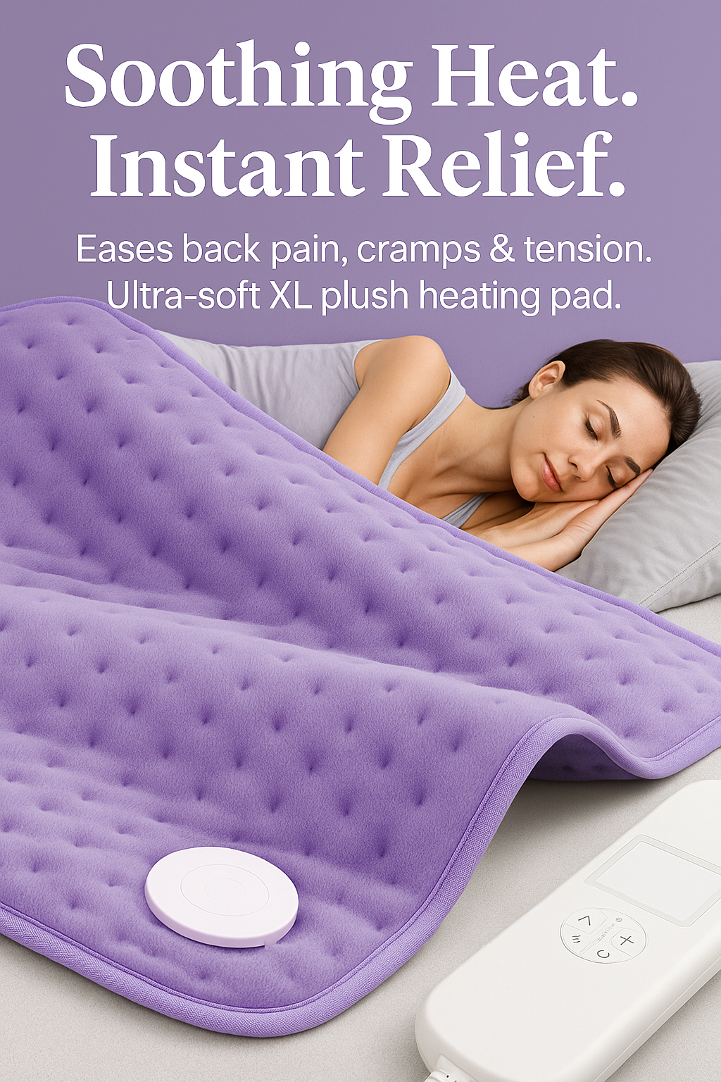 Woman lying under a purple heating pad, with a control panel visible, promoting pain relief.