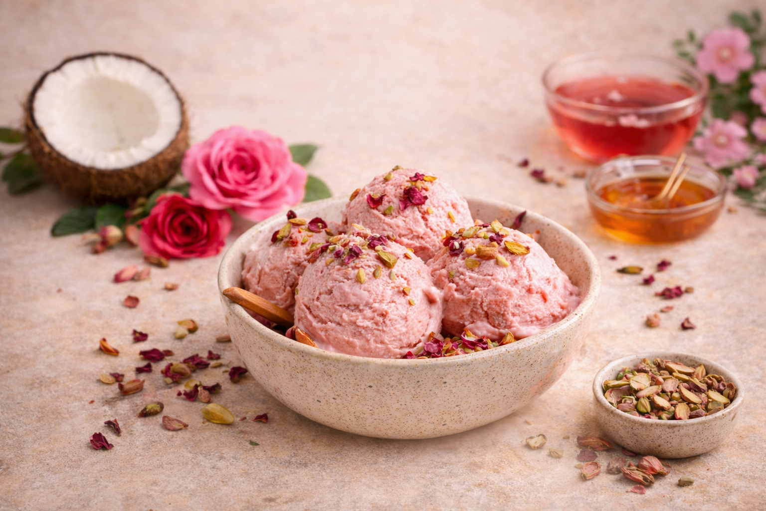 Delicate hibiscus rose coconut ice cream