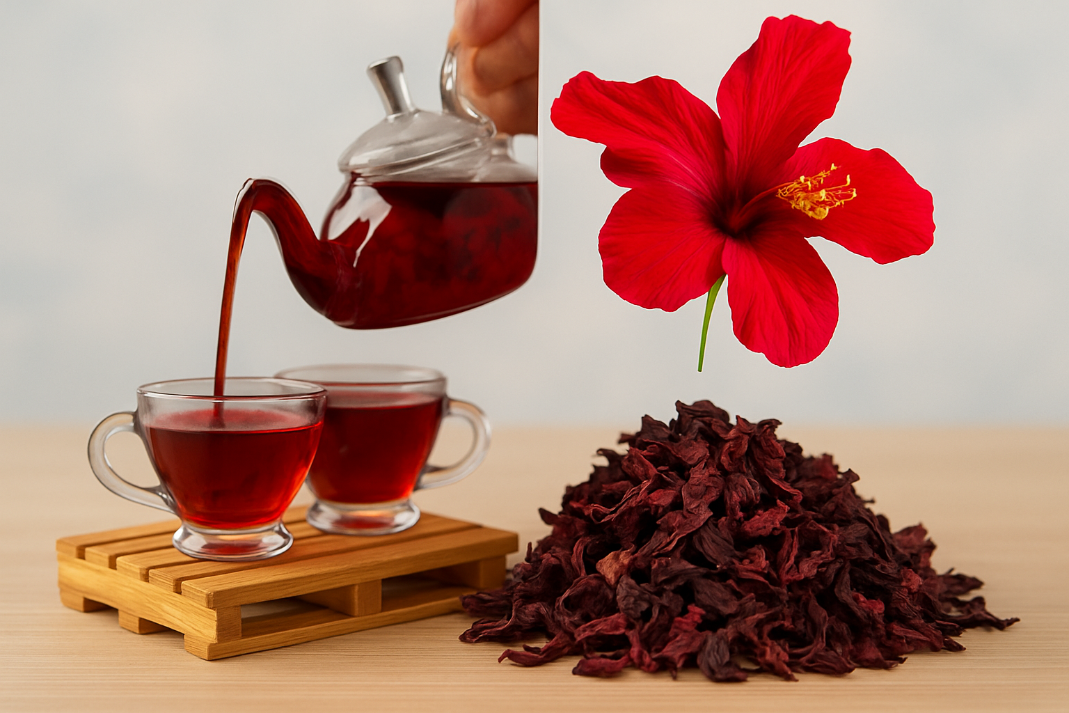 Hibiscus tea being poured into clear cups, with fresh flower and dried petals in view; red hues.