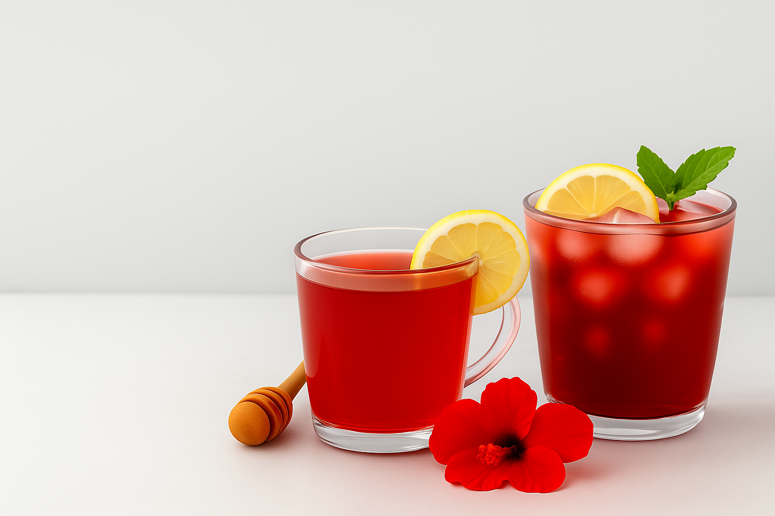 Hibiscus tea being poured from a teapot into two cups, next to hibiscus flower and dried hibiscus.