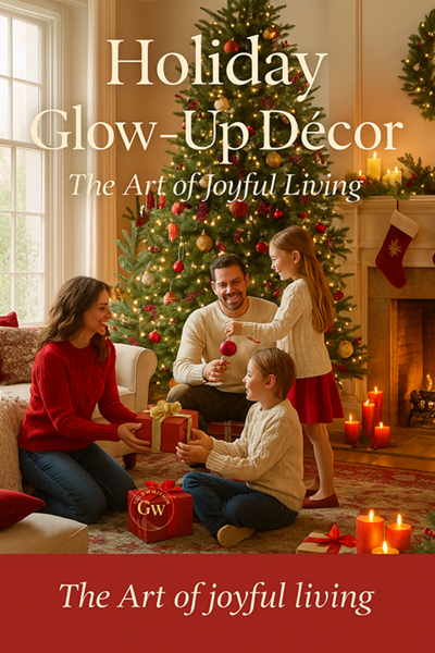 Family by Christmas tree, opening gifts. Festive decor with candles, fireplace and text