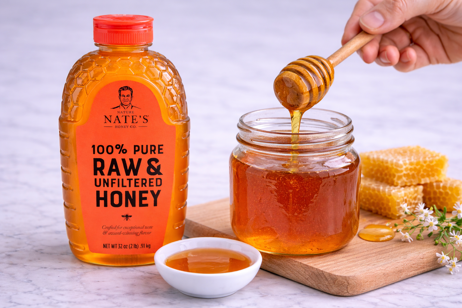 Raw honey in a glass jar with a wooden honey dipper dripping honey beside a bottle of 100% pure raw honey