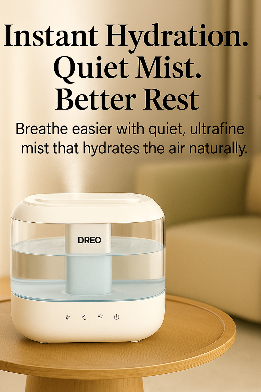 White humidifier on a wooden table. Text: