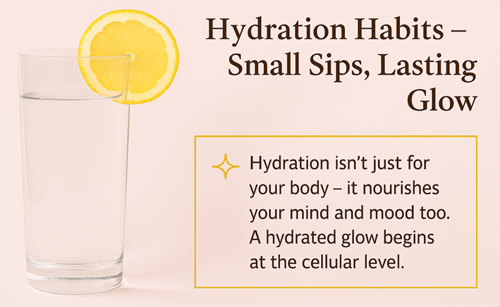 Glass of water with lemon slice; text about hydration habits, nourishing body, mind, and mood.