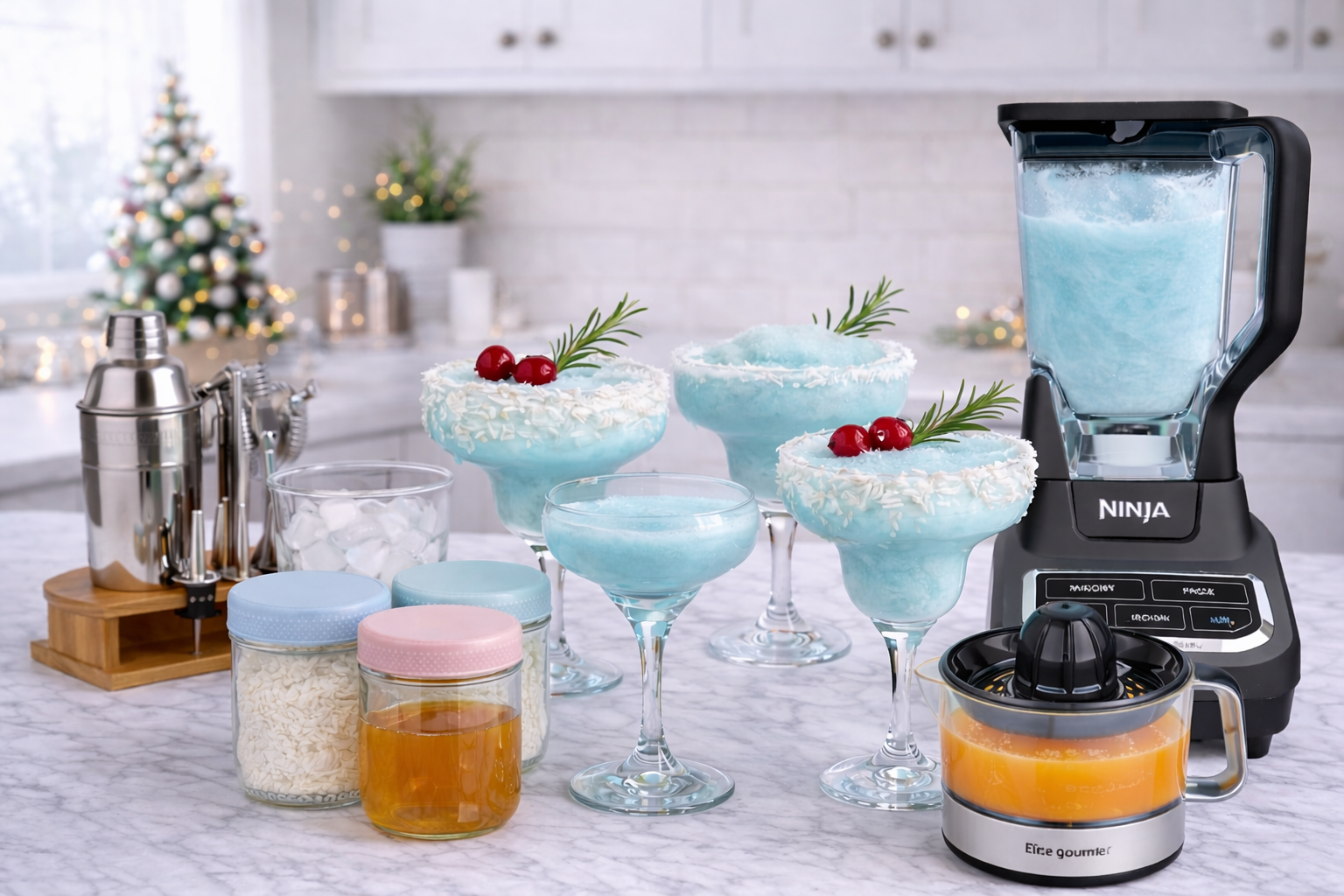 coupe glasses, a blender filled with the frosty blue drink, glass jars of coconut, spirulina, honey, and ice, plus a citrus juicer
