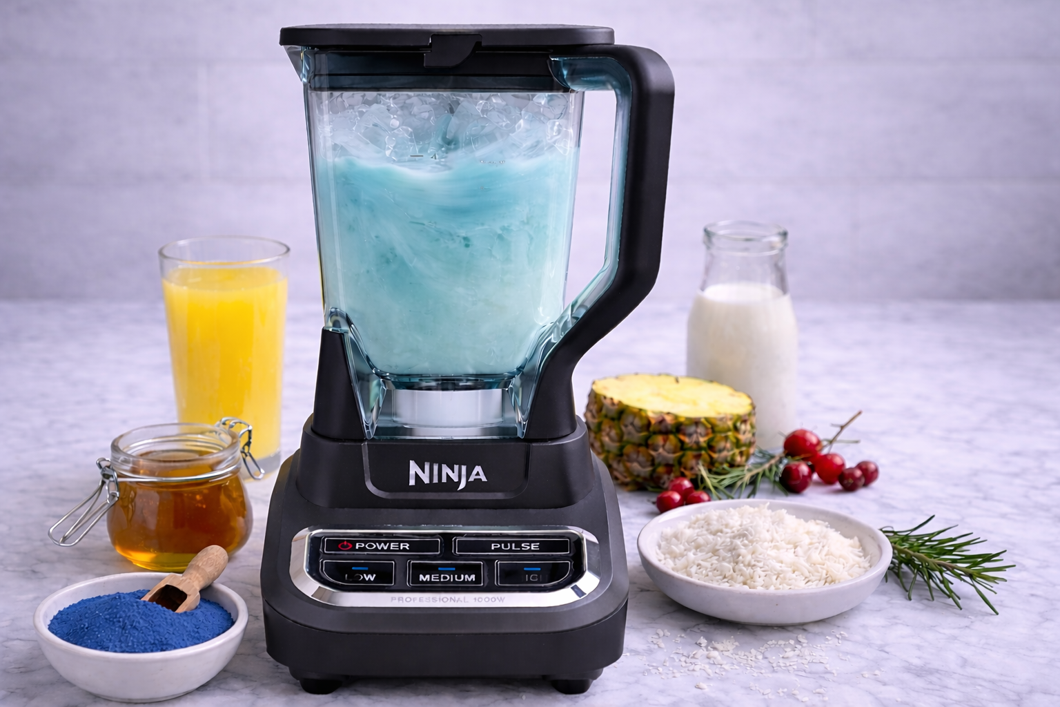 Jack Frost mocktail blending in a Ninja blender with pineapple juice, coconut milk, ice, and blue spirulina