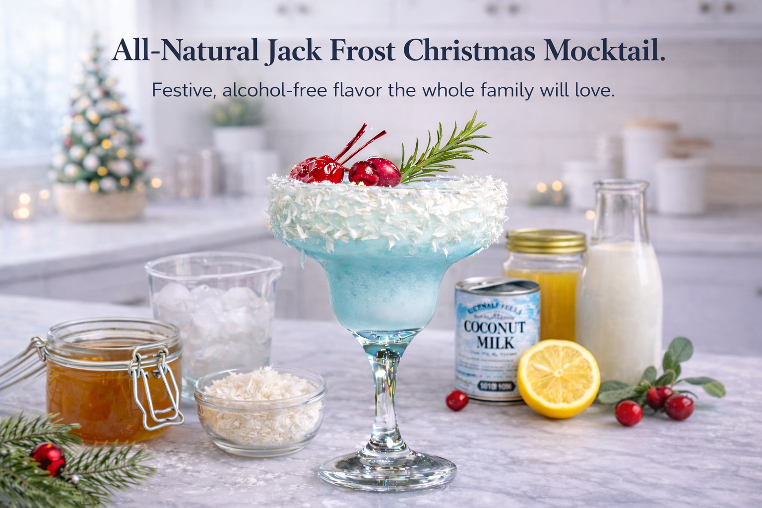 Jack Frost Christmas mocktail made with coconut milk, pineapple juice, honey, and ice, displayed with fresh ingredients