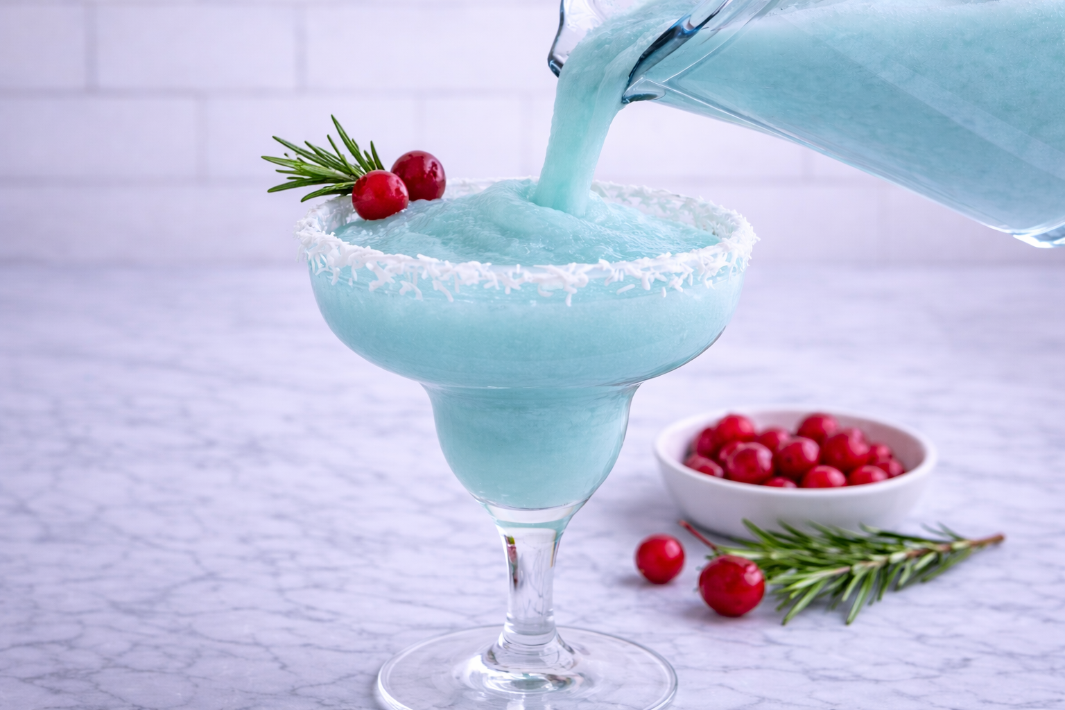 Pale blue Jack Frost mocktail being poured into a coconut-rimmed glass with cranberries and rosemary garnish