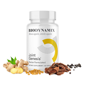 Bottle of Biodynamix Joint Genesis supplements with ingredients like ginger and bark.