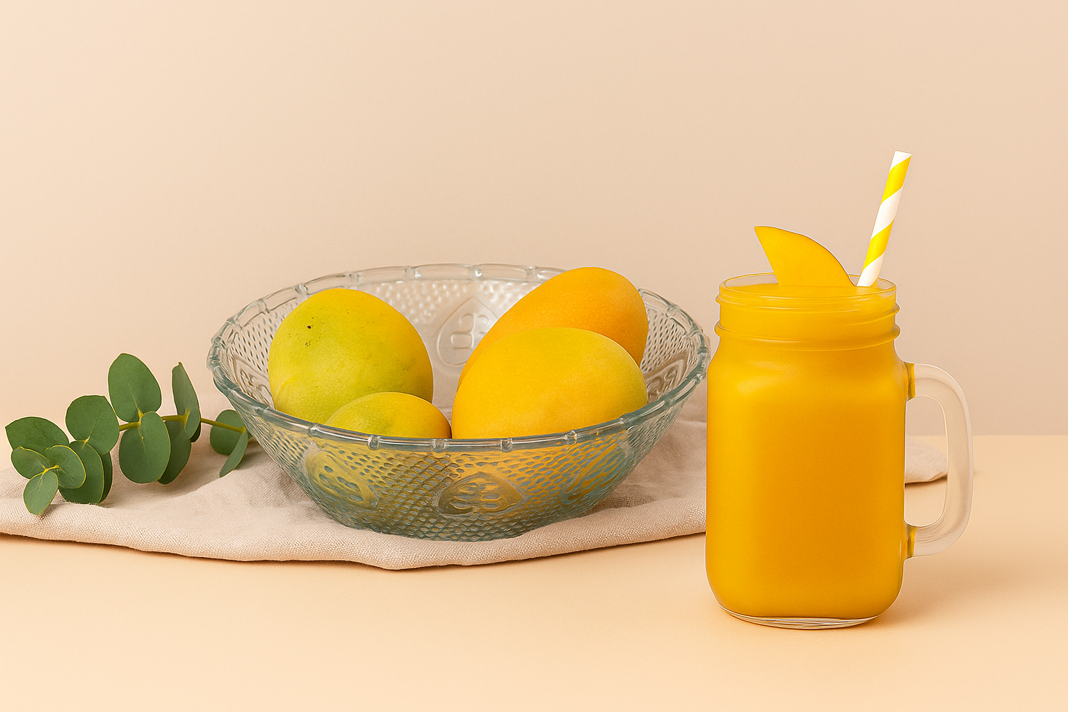 Mango smoothie in a mason jar with a straw, alongside a bowl of mangoes on a table.