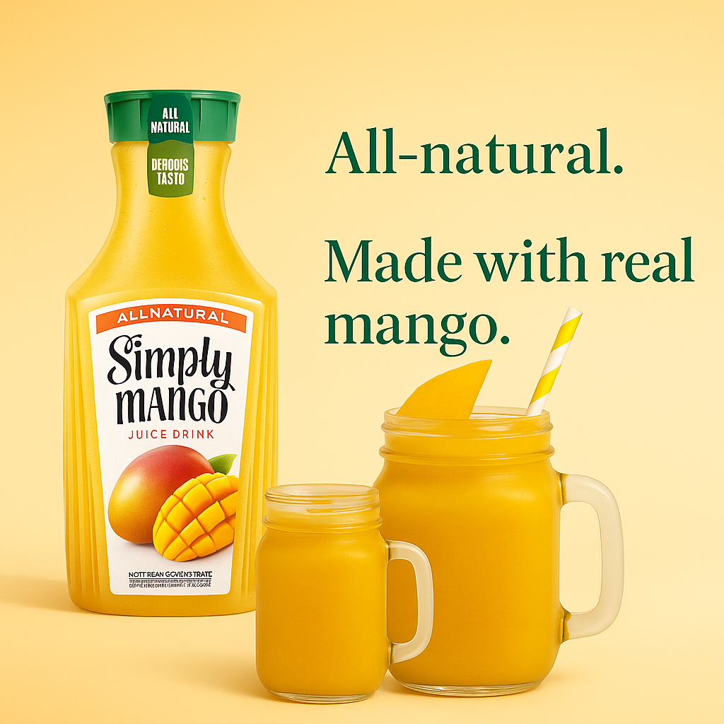 A Simply Mango juice bottle and two glasses filled with mango juice. Text reads 