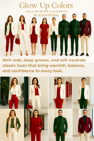 Fashion display: Red, green, and neutral outfits for fall/winter, with text
