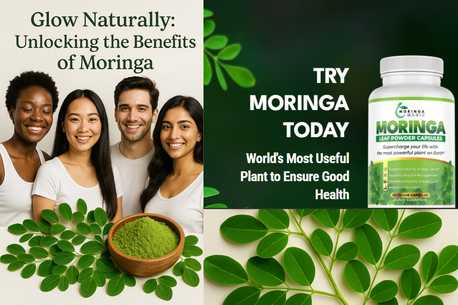 Ad promoting Moringa. Includes photos of people, leaves, powder, and a supplement bottle.