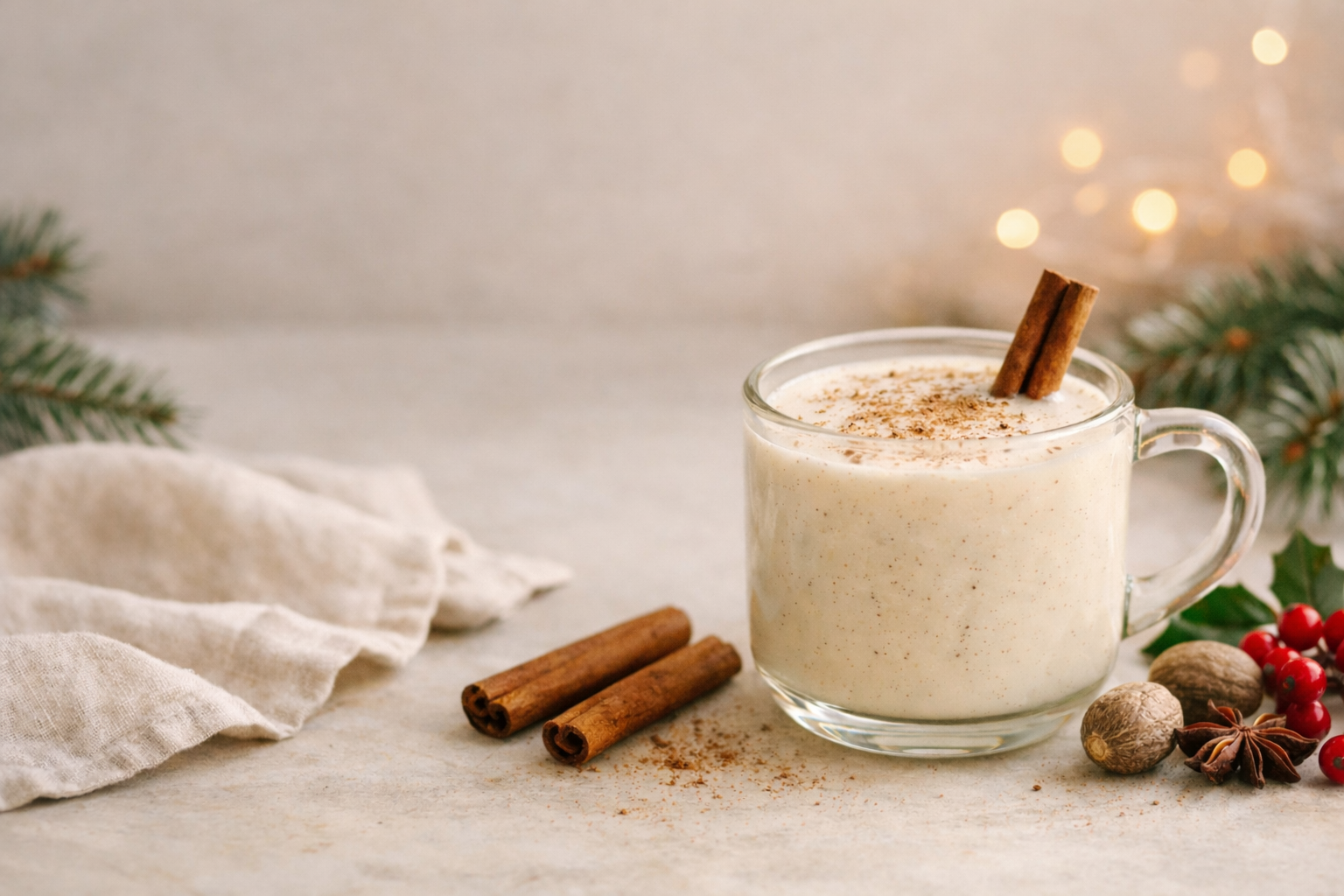 Non-alcoholic Christmas eggnog in a glass mug with cinnamon and nutmeg