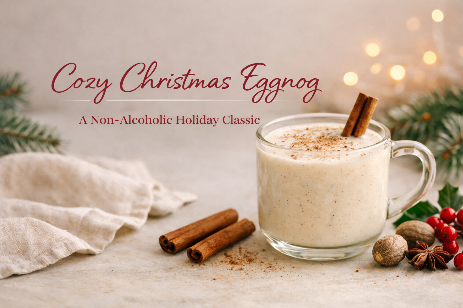 Non-alcoholic Christmas eggnog in a glass mug with cinnamon and nutmeg