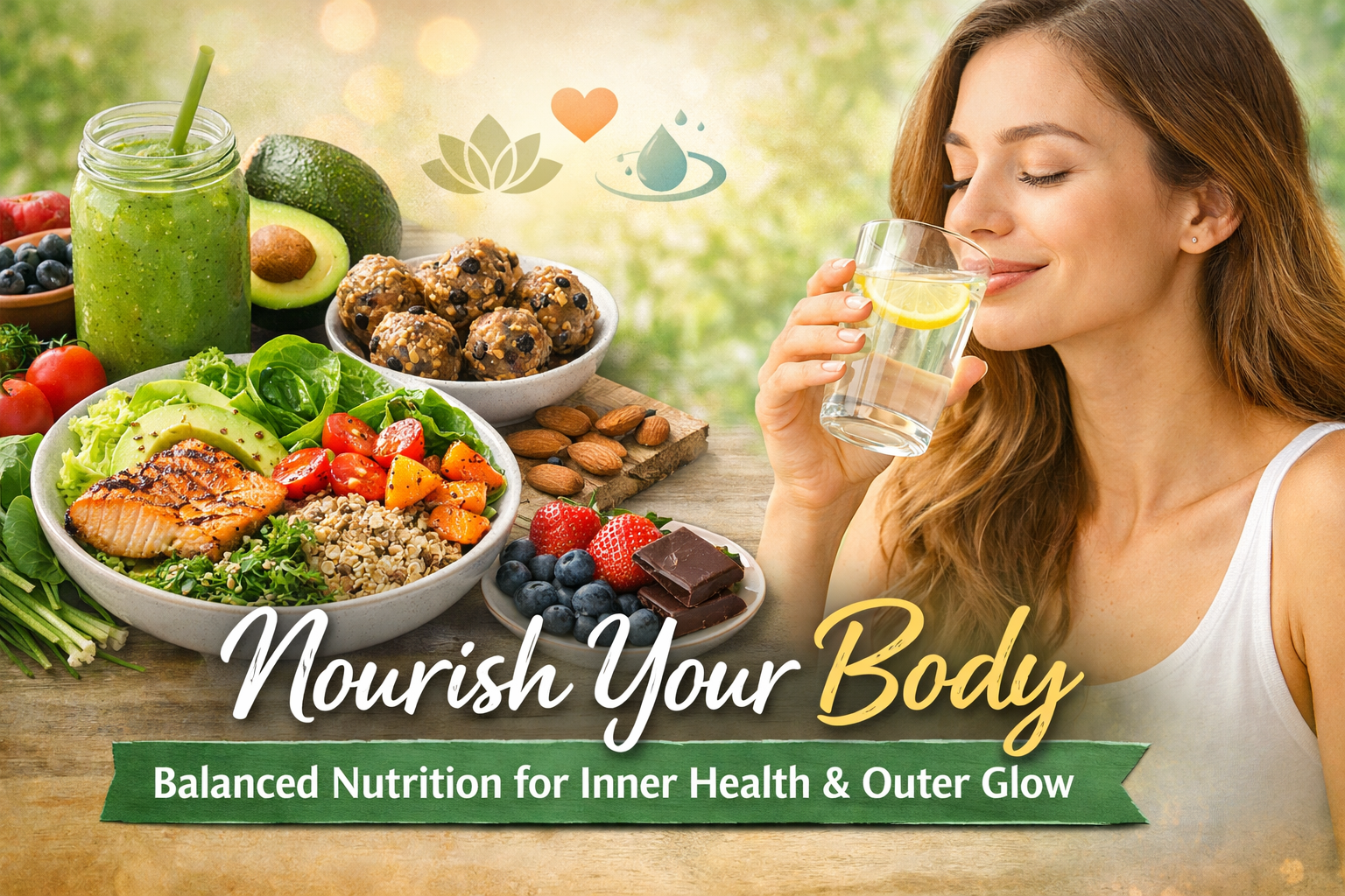 Healthy food arrangement with text 