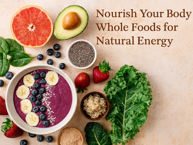 Bowl of smoothie with fruits and greens: nourishing whole foods for energy.